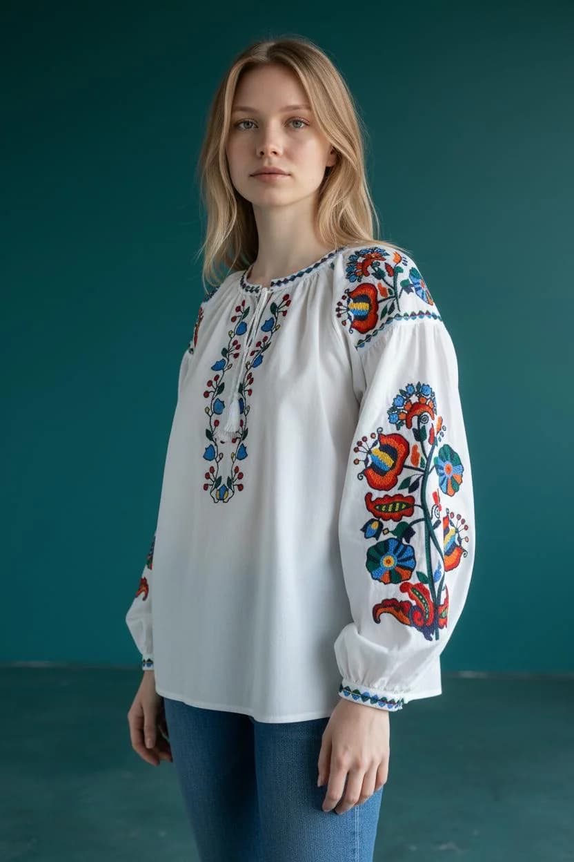 White Cotton Folk Blouse | Colorful Floral Embroidery, Puff Sleeves, Tassel Tie Top