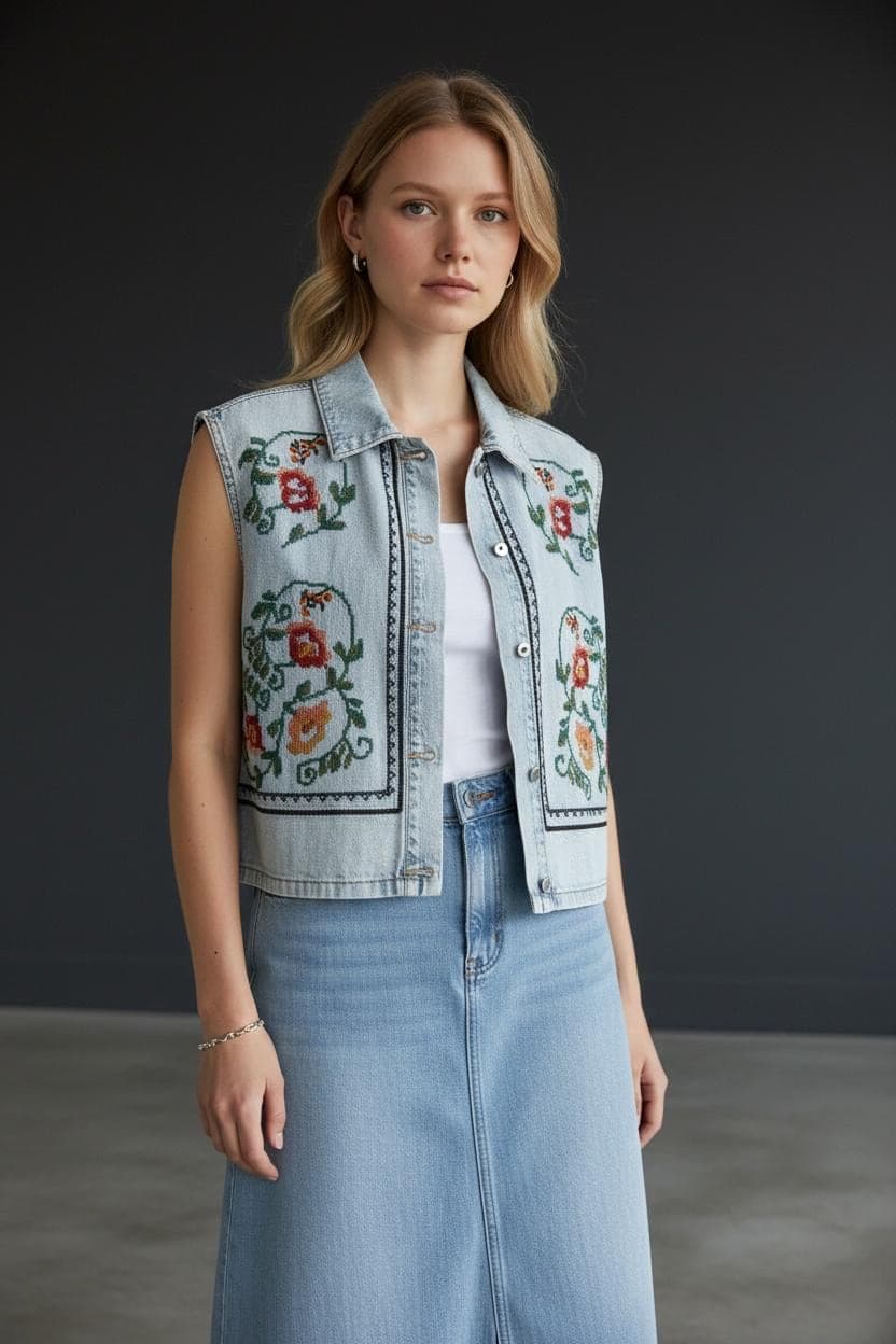 Embroidered Denim Vest | Floral Cross Stitch Boho Waistcoat | Light Wash Cotton Cottagecore