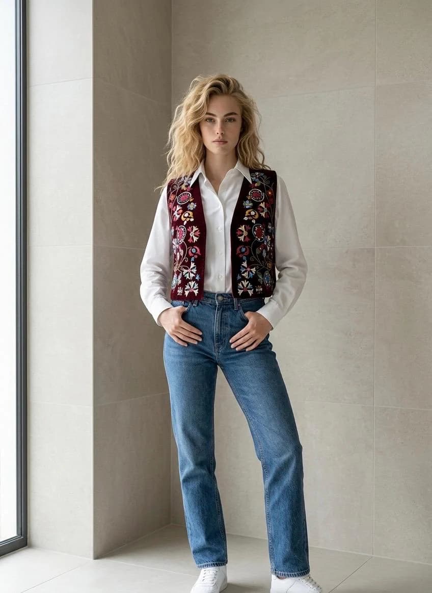 Burgundy Velvet Vest | Floral Embroidered Boho Folk Waistcoat, Red Satin Lined - image 4