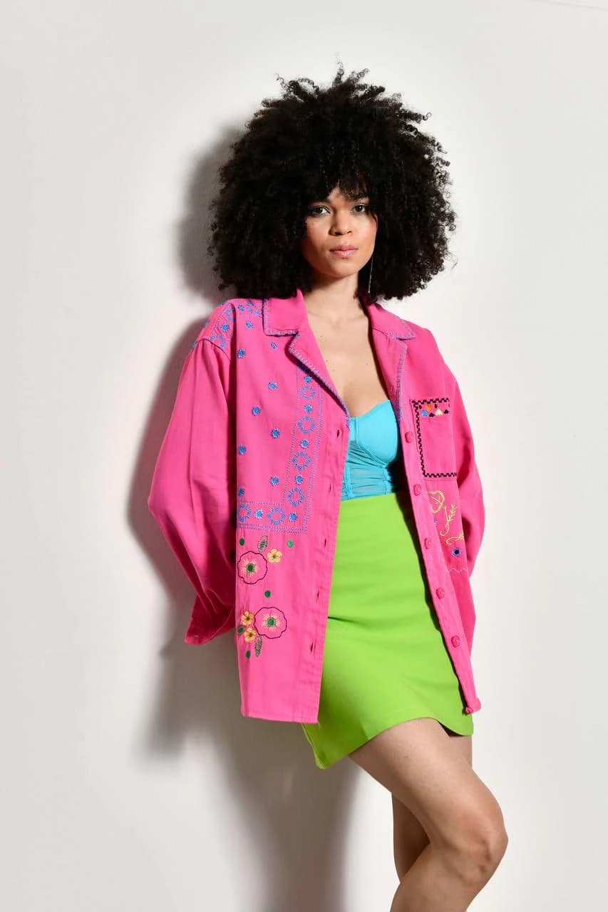 Hot Pink Cotton Jacket | Crane, Butterfly, Floral Embroidery | Boho Statement Top - image 4