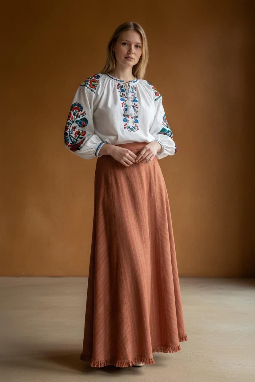 White Cotton Folk Blouse | Colorful Floral Embroidery, Puff Sleeves, Tassel Tie Top - image 5
