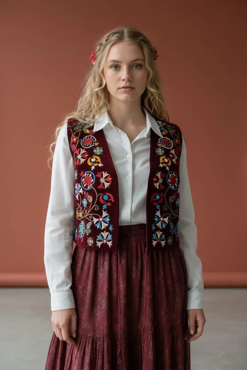 Burgundy Velvet Vest | Floral Embroidered Boho Folk Waistcoat, Red Satin Lined