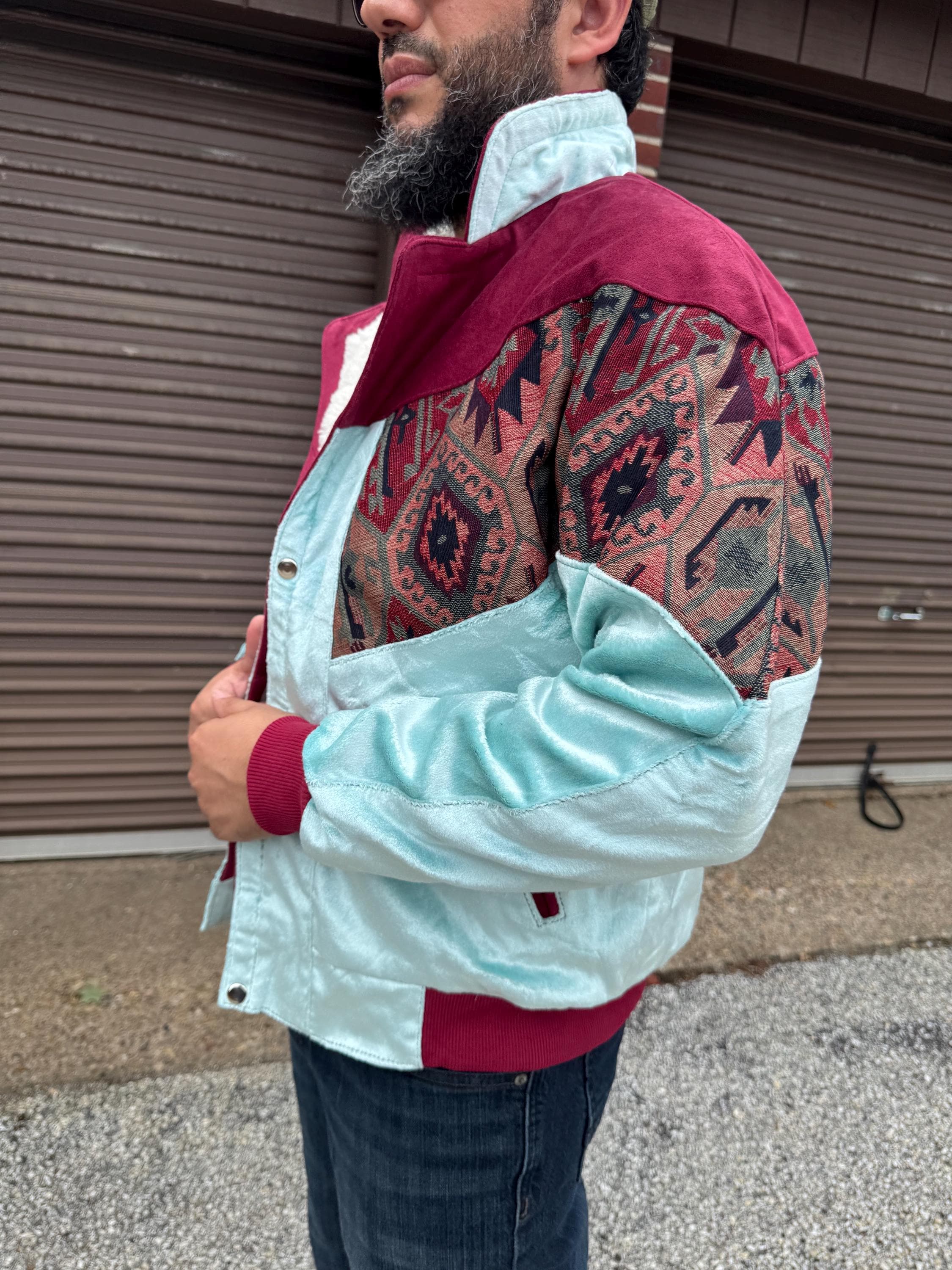 Handmade Mint Green Velvet Bomber Jacket, Kilim Tapestry, Sherpa Collar, Folk Style - image 4