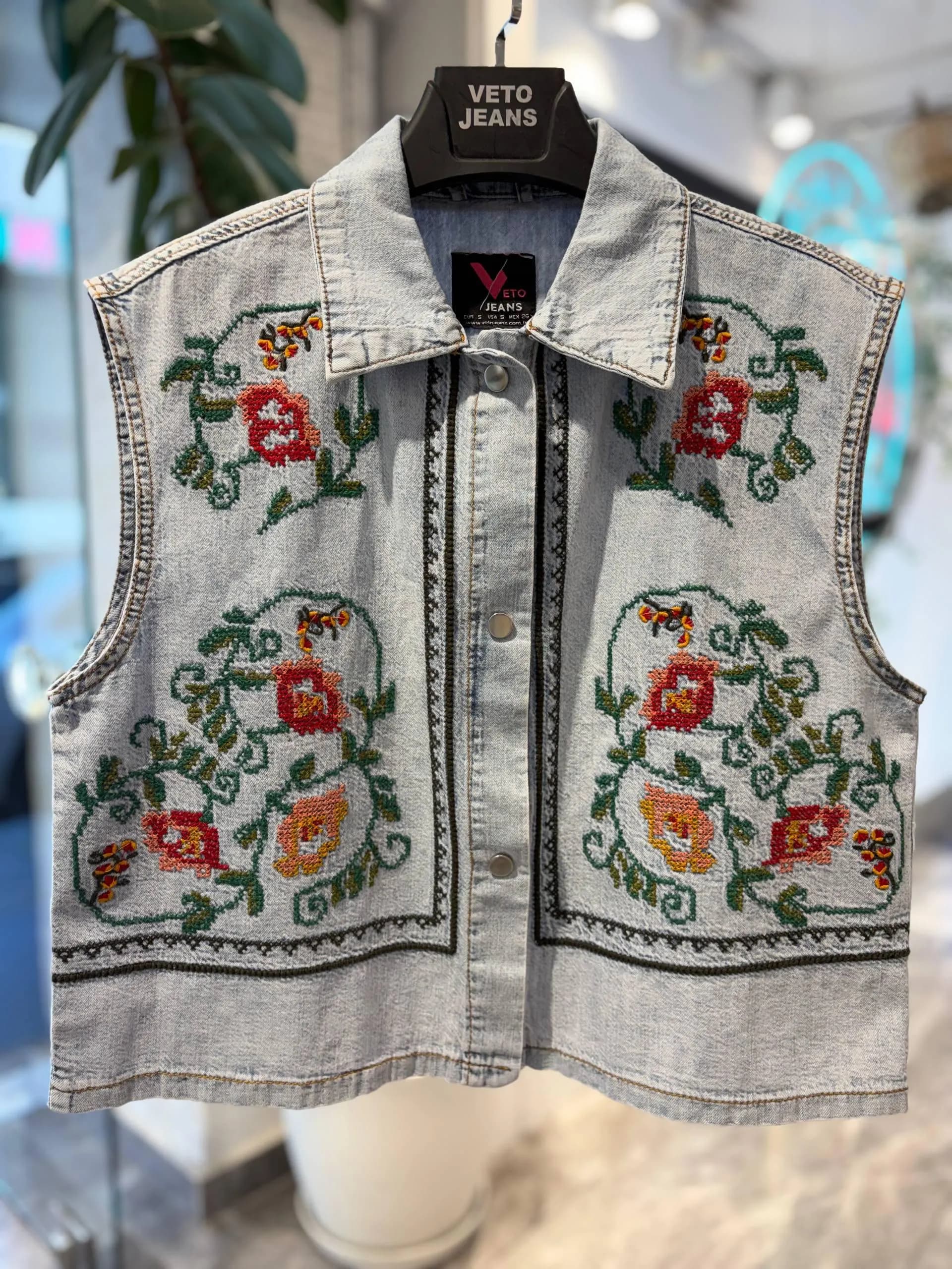 Embroidered Denim Vest | Floral Cross Stitch Boho Waistcoat | Light Wash Cotton Cottagecore - image 5