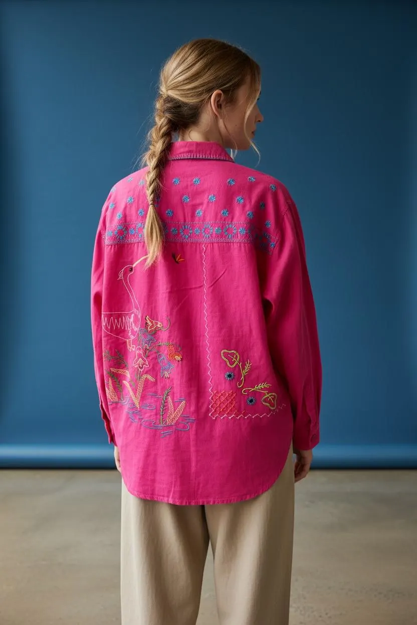 Hot Pink Cotton Jacket | Crane, Butterfly, Floral Embroidery | Boho Statement Top - image 3