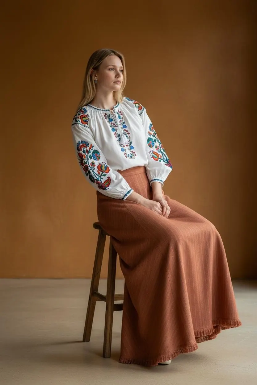 White Cotton Folk Blouse | Colorful Floral Embroidery, Puff Sleeves, Tassel Tie Top - image 3