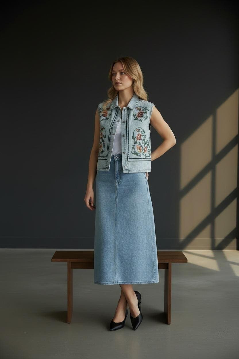 Embroidered Denim Vest | Floral Cross Stitch Boho Waistcoat | Light Wash Cotton Cottagecore - image 3
