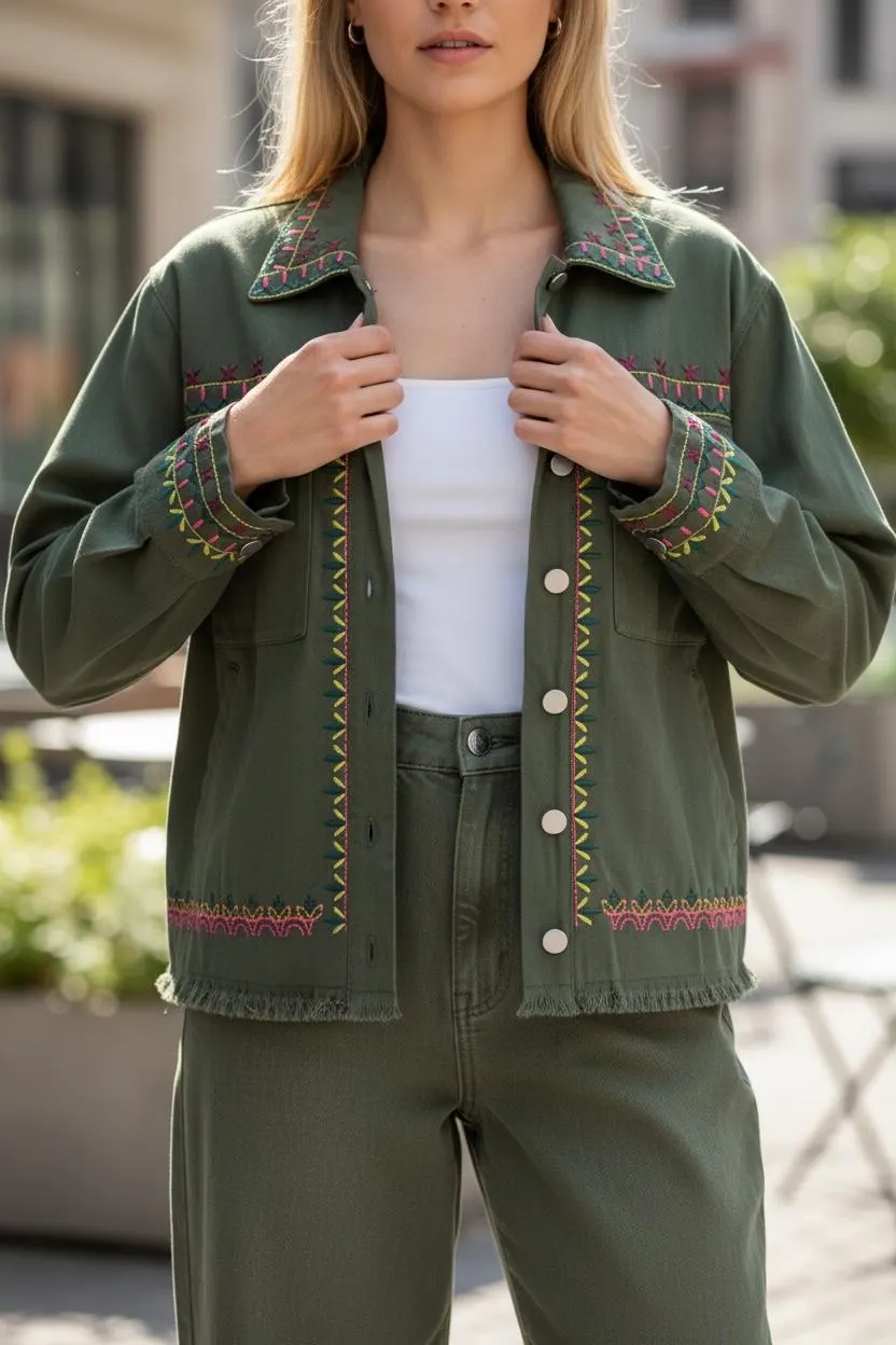 Olive Green Cropped Jacket | Colorful Embroidered Collar, Cuffs, Fringed Hem | Boho Folk Statement Coat - image 5