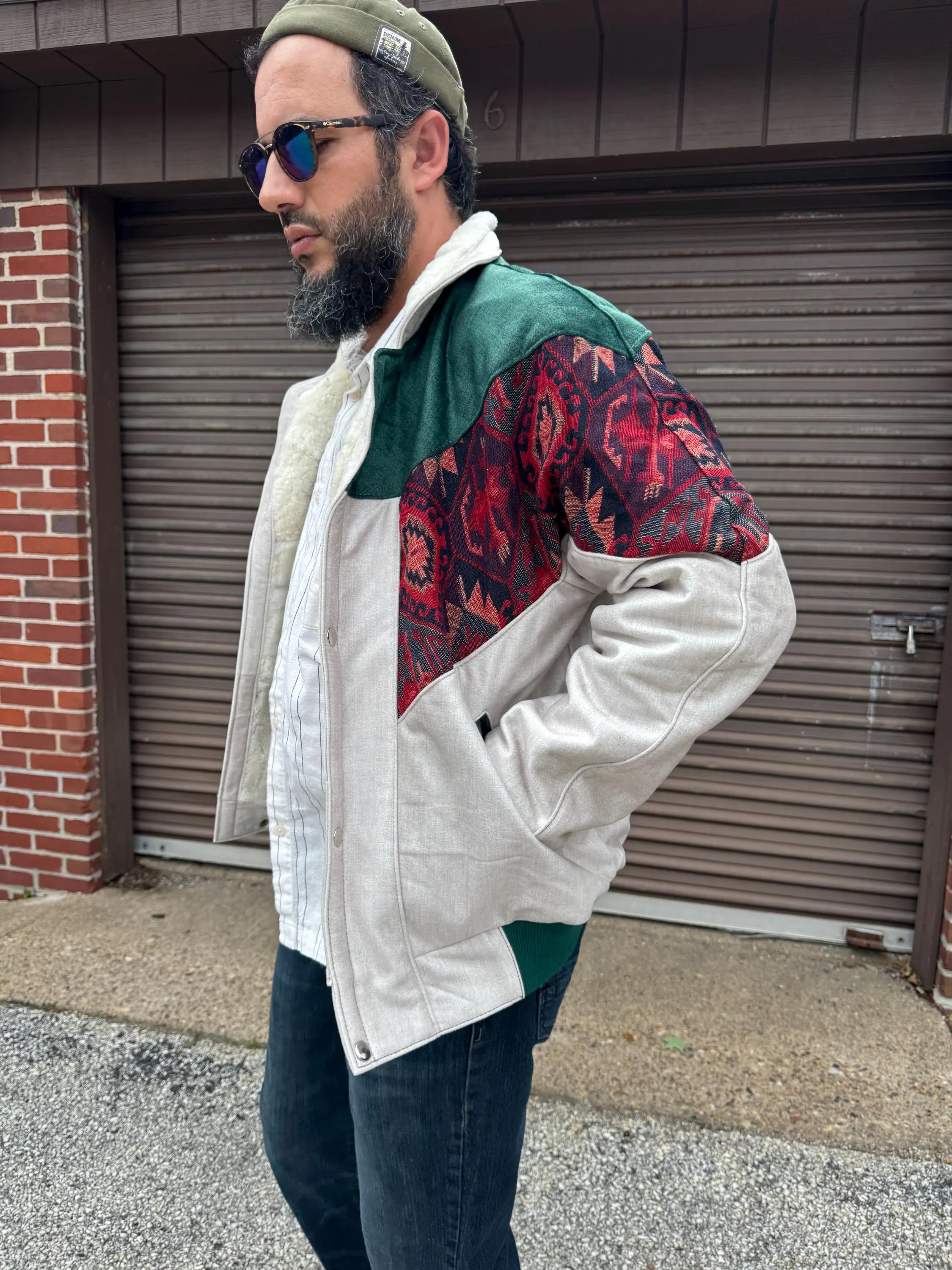 Handmade Kilim Bomber Jacket, Off-White Emerald Green Velvet, Men's Size M - image 5