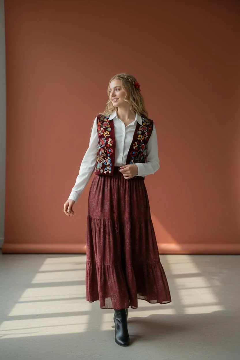 Burgundy Velvet Vest | Floral Embroidered Boho Folk Waistcoat, Red Satin Lined - image 2