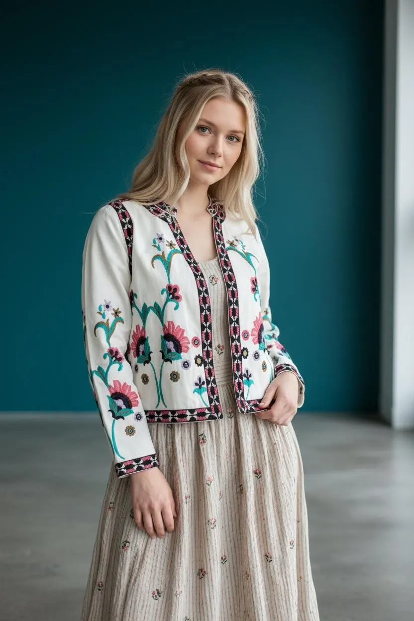 White Floral Embroidery Jacket | Folk Boho Open Front Coat, Turkish Artisan Statement