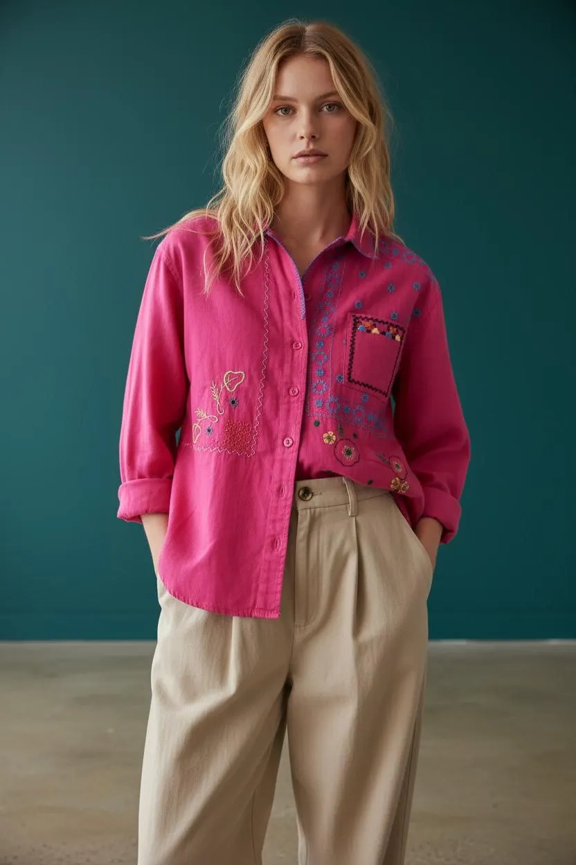 Hot Pink Cotton Jacket | Crane, Butterfly, Floral Embroidery | Boho Statement Top