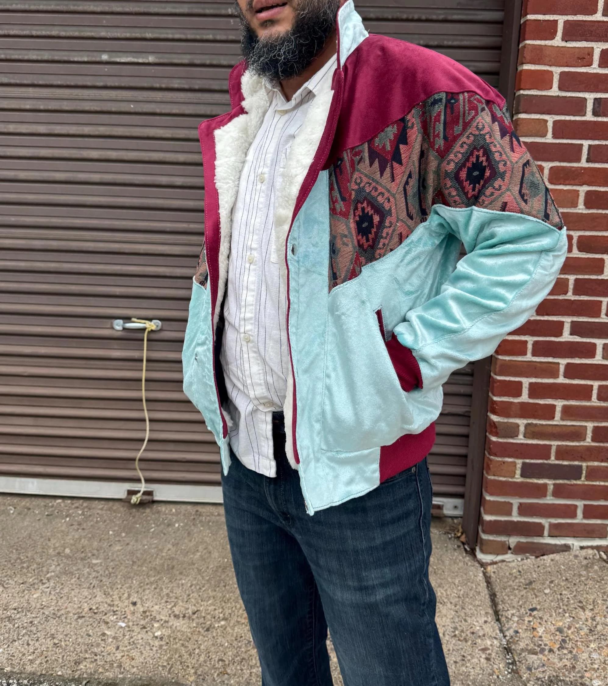 Handmade Mint Green Velvet Bomber Jacket, Kilim Tapestry, Sherpa Collar, Folk Style - image 3