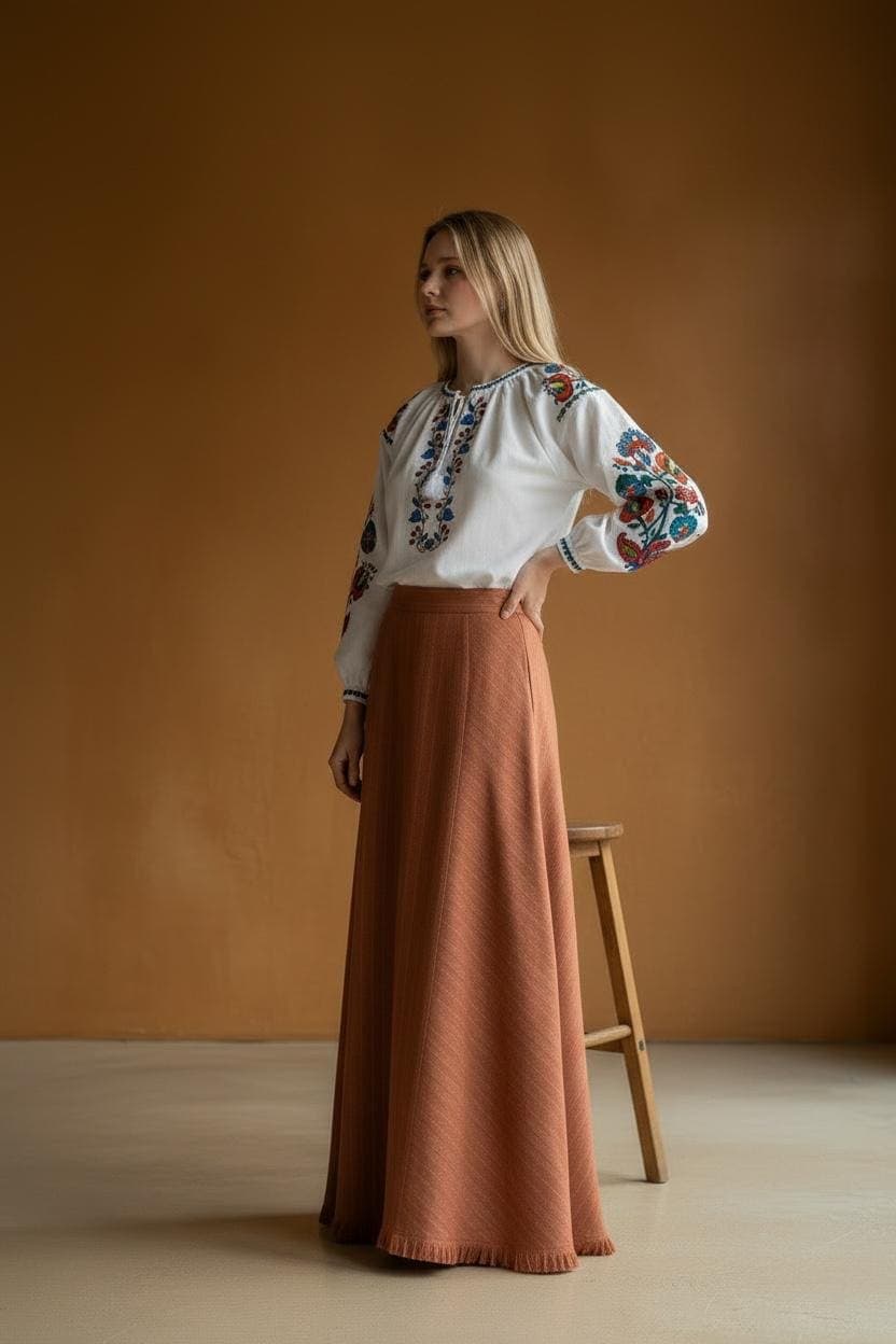 White Cotton Folk Blouse | Colorful Floral Embroidery, Puff Sleeves, Tassel Tie Top - image 4
