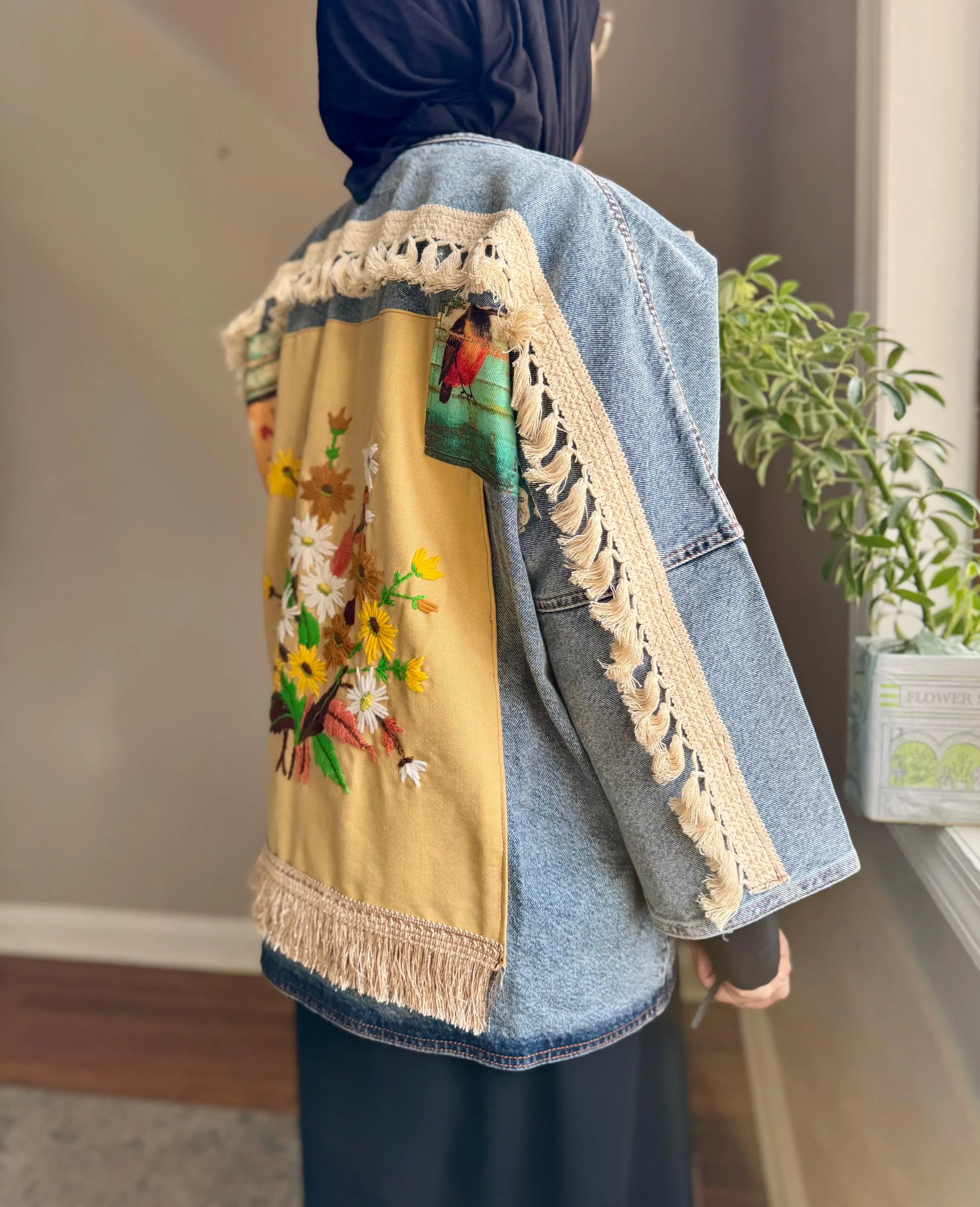 Upcycled Denim Kimono Jacket | Mustard Floral Embroidery, Cream Fringe, Boho Wearable Art - image 5