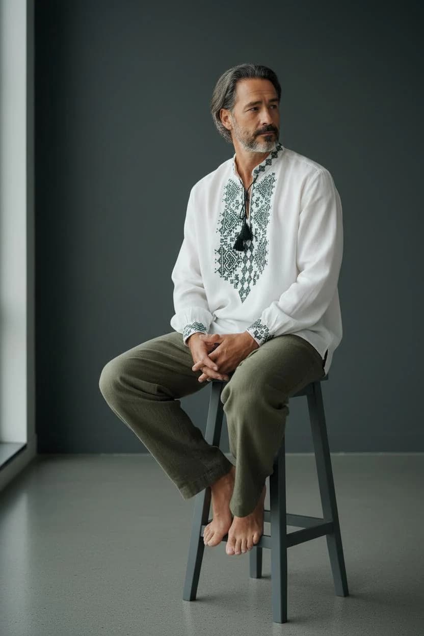 Men's Vyshyvanka Shirt, White Cotton, Dark Green Cross-Stitch Embroidery, Tassel Tie V-Neck - image 2