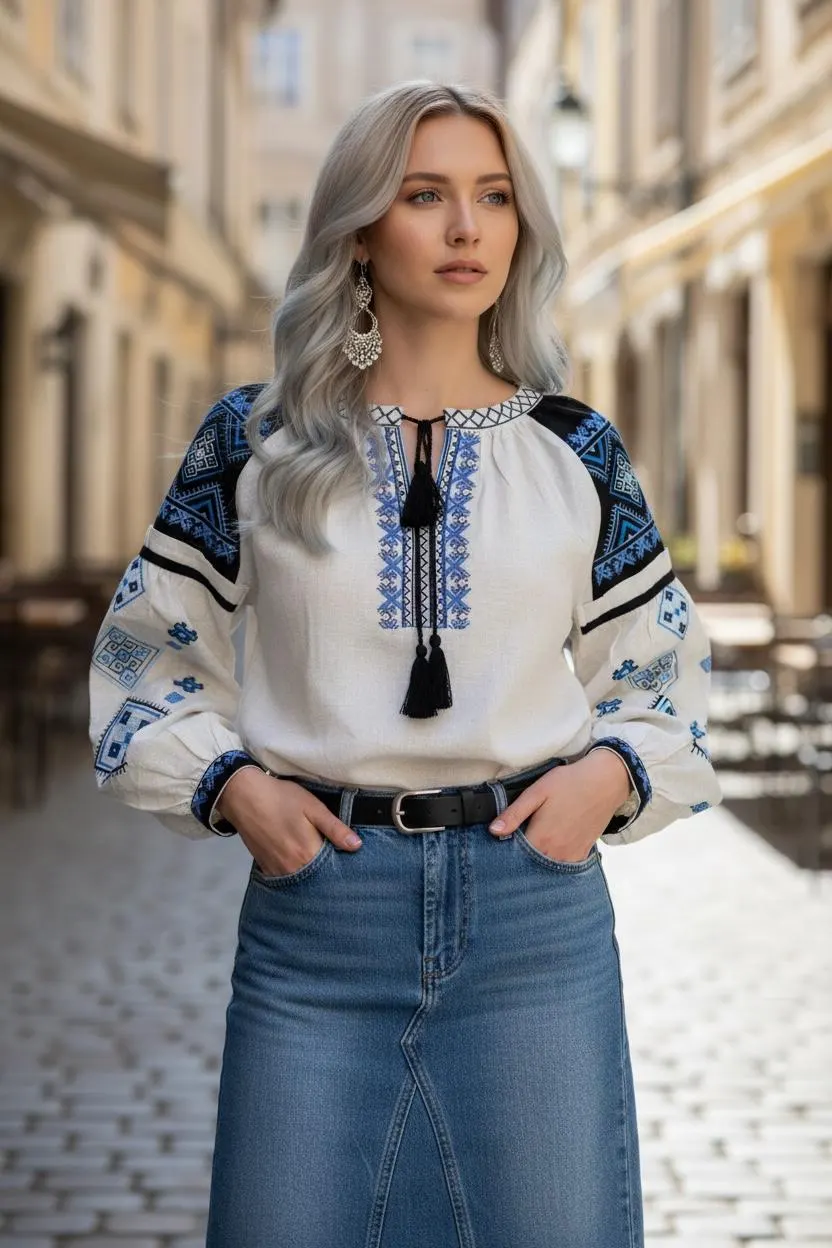 Ukrainian Vyshyvanka Blouse | Blue Geometric Folk Shirt | Tassel Tie Cottagecore Top | Boho Gift for Her | Embroidered Blouse S M L - image 2