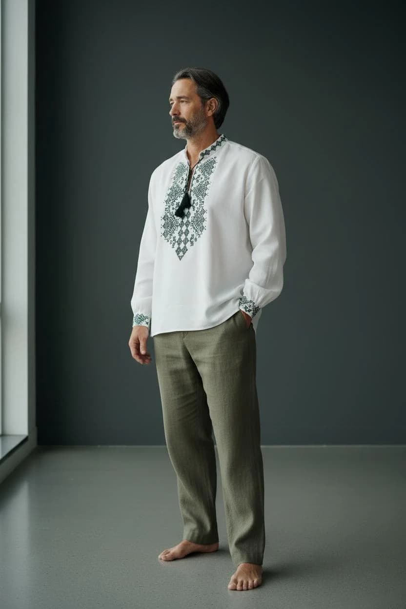 Men's Vyshyvanka Shirt, White Cotton, Dark Green Cross-Stitch Embroidery, Tassel Tie V-Neck - image 4