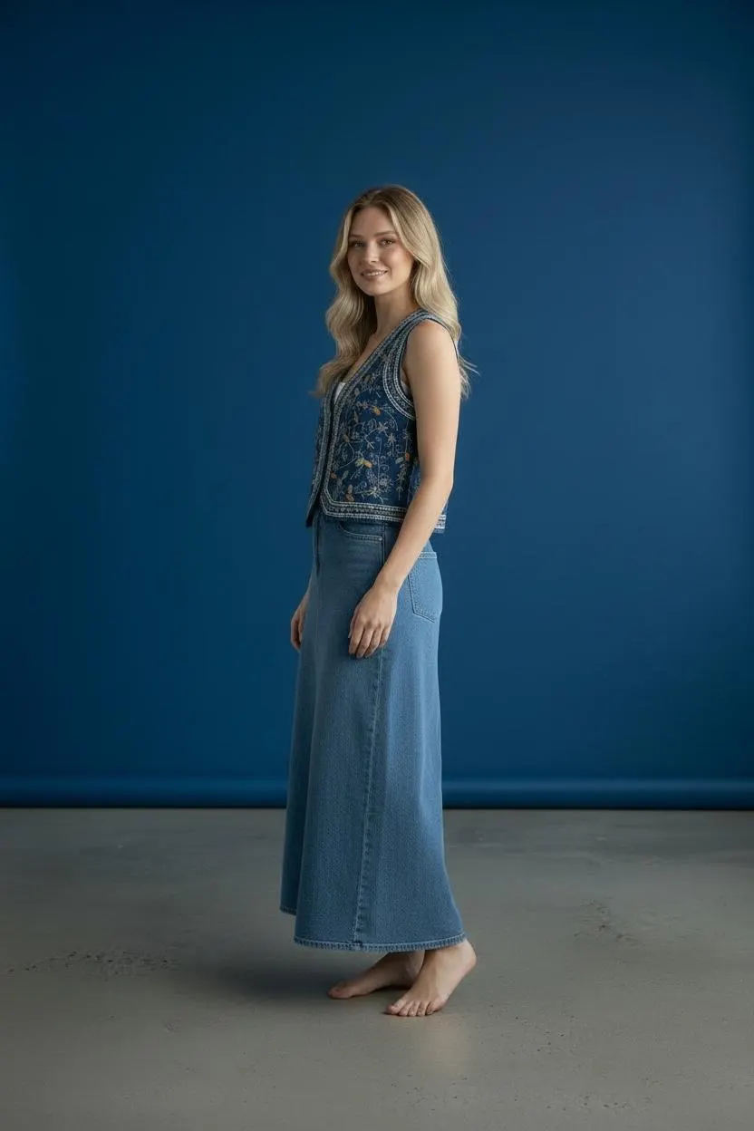 Navy Blue Embroidered Vest | Yellow Gold Floral Star Folk Waistcoat | Boho Cottagecore Statement Layering - image 4