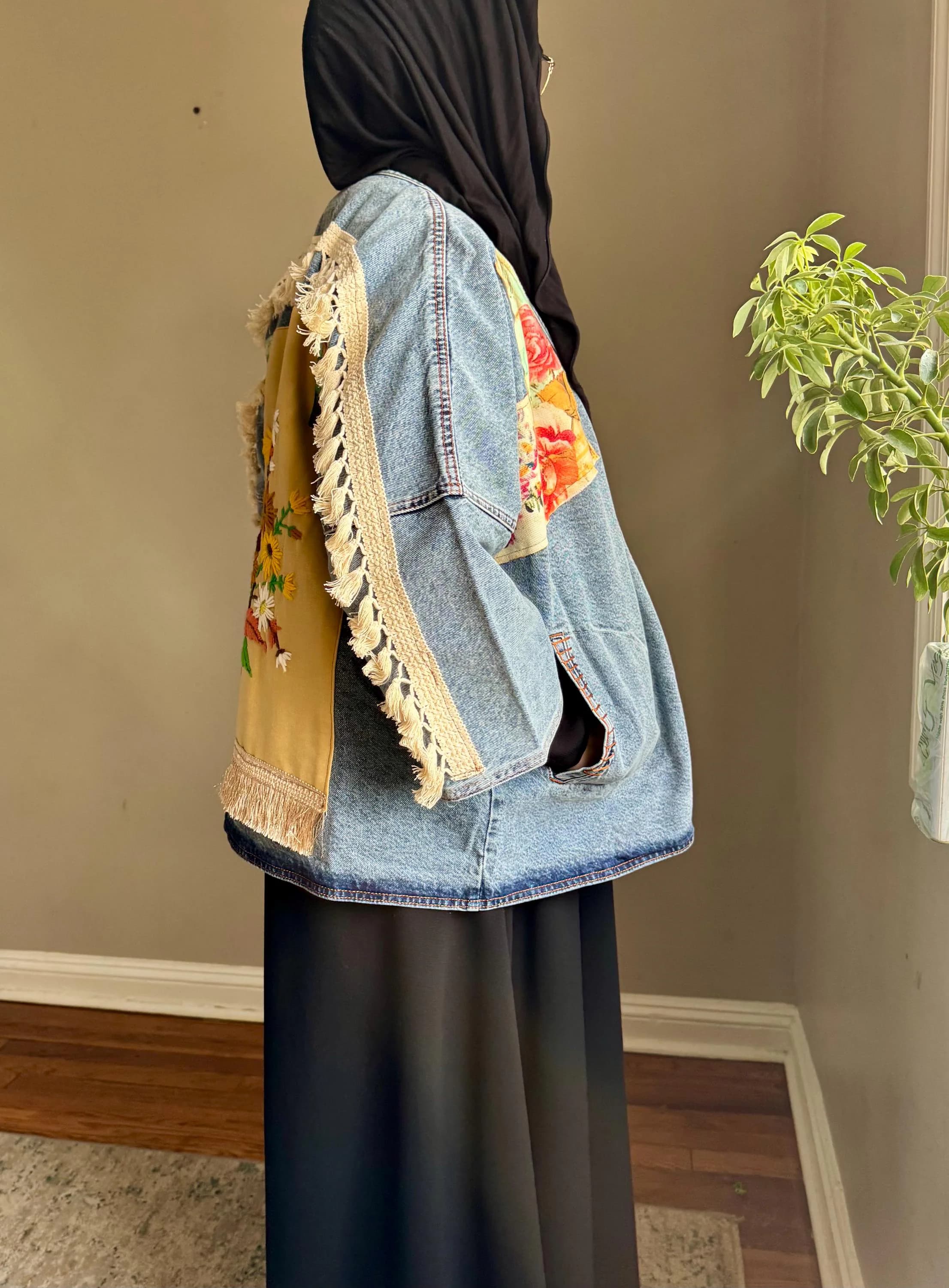 Upcycled Denim Kimono Jacket | Mustard Floral Embroidery, Cream Fringe, Boho Wearable Art - image 2