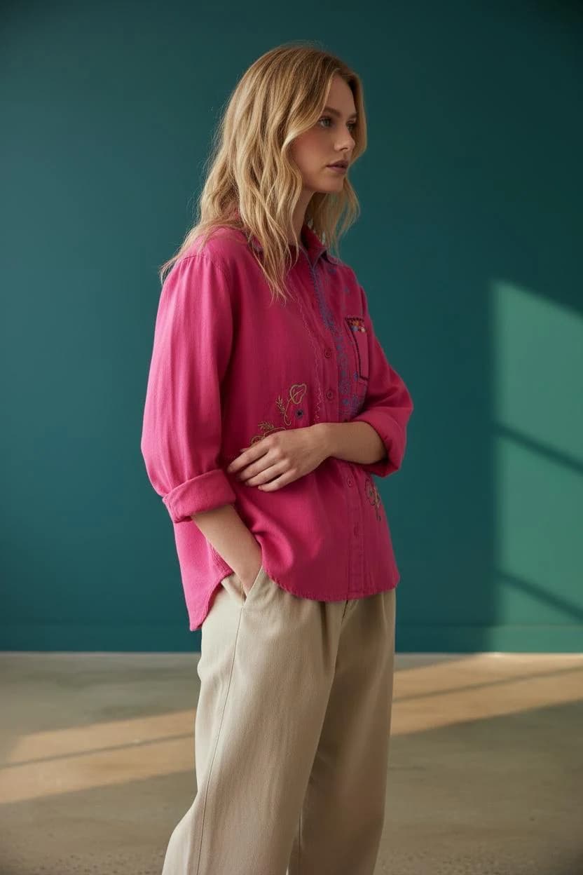 Hot Pink Cotton Jacket | Crane, Butterfly, Floral Embroidery | Boho Statement Top - image 2