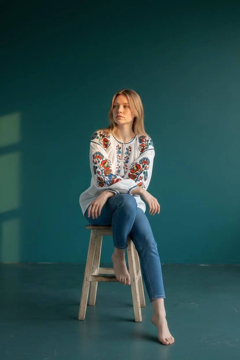 White Cotton Folk Blouse | Colorful Floral Embroidery, Puff Sleeves, Tassel Tie Top - image 2