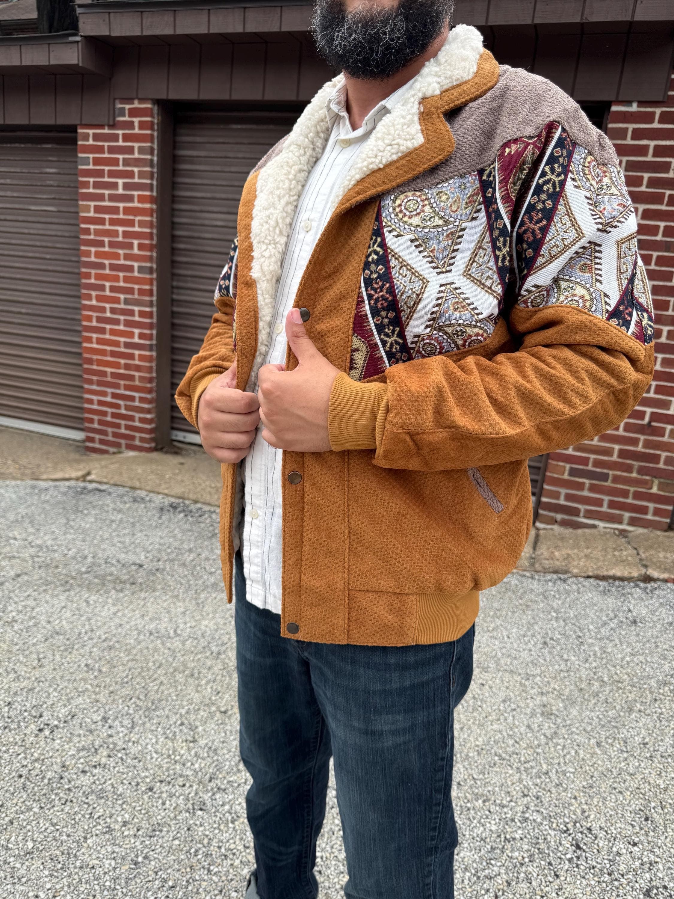 Unique Men's Jacket, Bomber Handmade Patchwork Jacket, Kilim Tapestry, Wool Collar, Size: XL - image 5