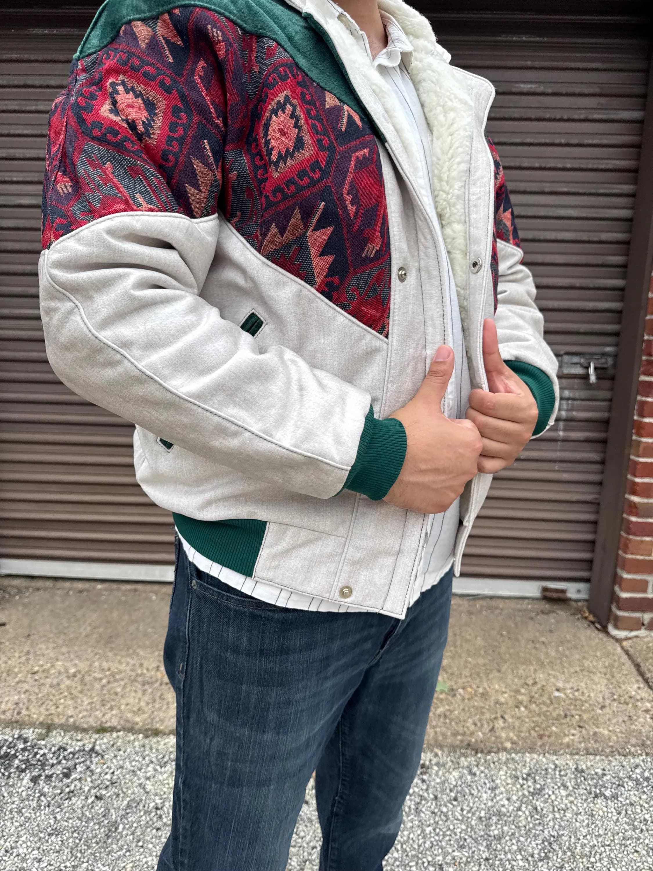 Handmade Kilim Bomber Jacket, Off-White Emerald Green Velvet, Men's Size M - image 4