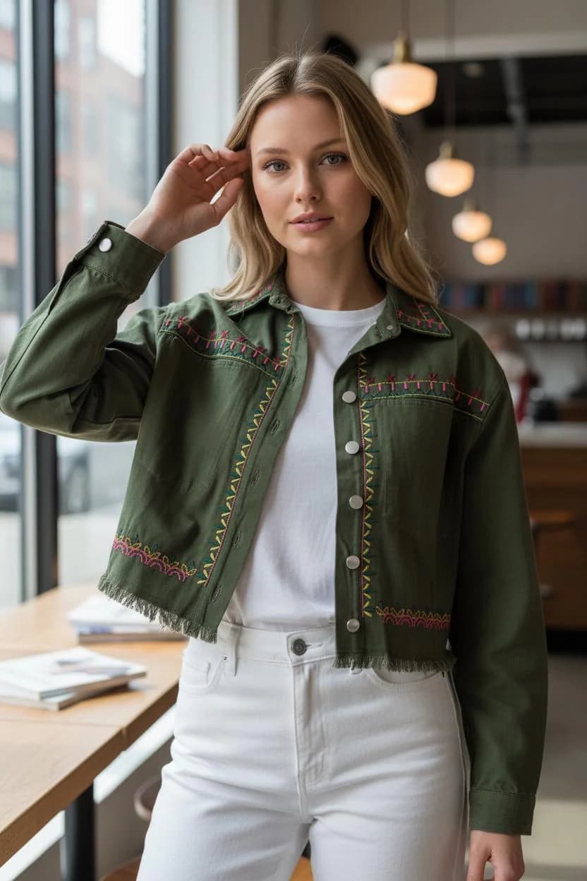 Olive Green Cropped Jacket | Colorful Embroidered Collar, Cuffs, Fringed Hem | Boho Folk Statement Coat - image 3