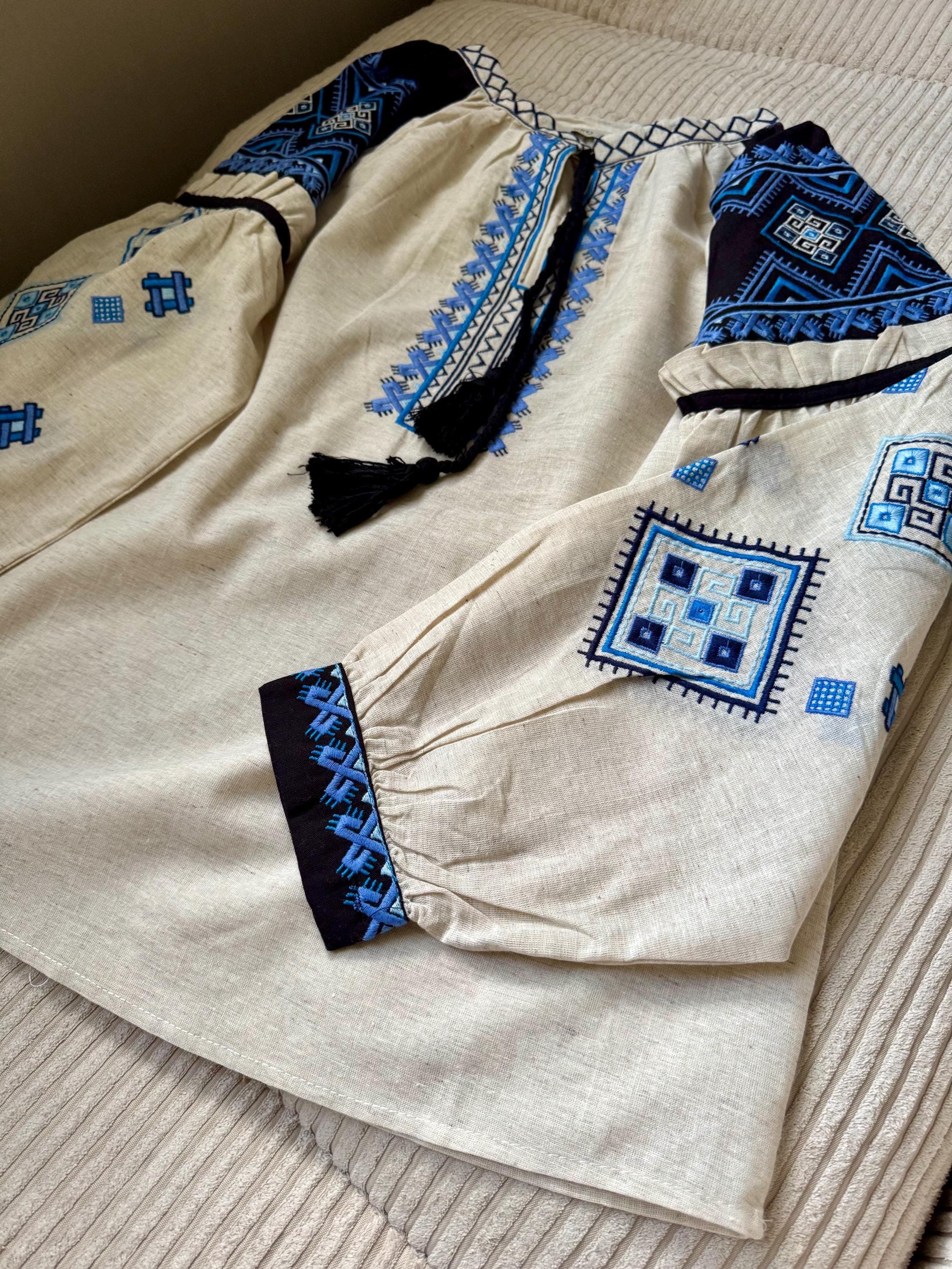 Ukrainian Vyshyvanka Blouse | Blue Geometric Folk Shirt | Tassel Tie Cottagecore Top | Boho Gift for Her | Embroidered Blouse S M L - image 5