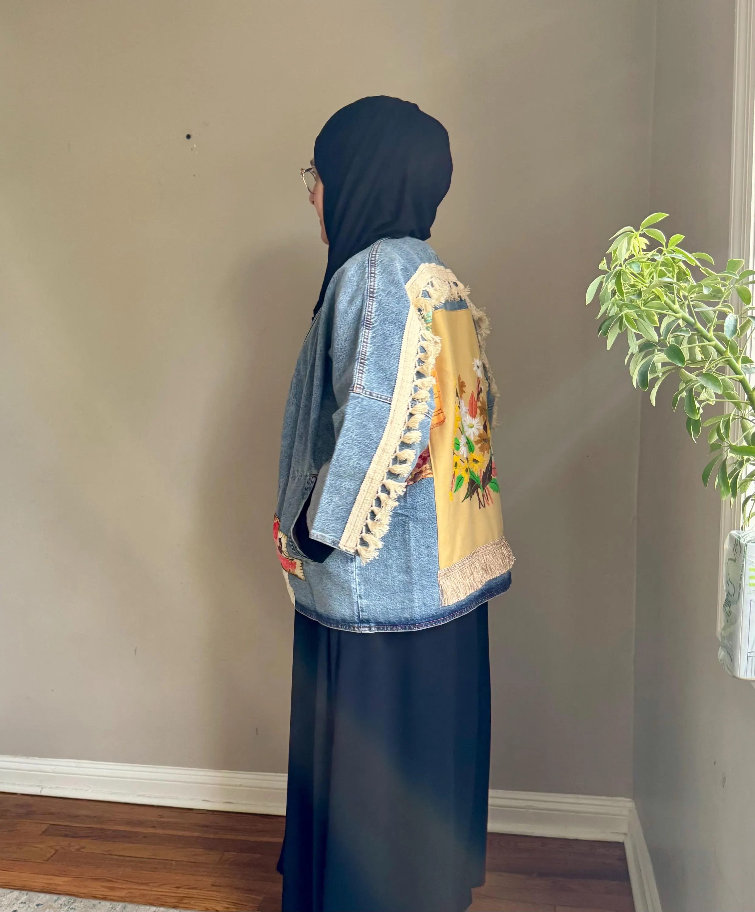 Upcycled Denim Kimono Jacket | Mustard Floral Embroidery, Cream Fringe, Boho Wearable Art - image 3