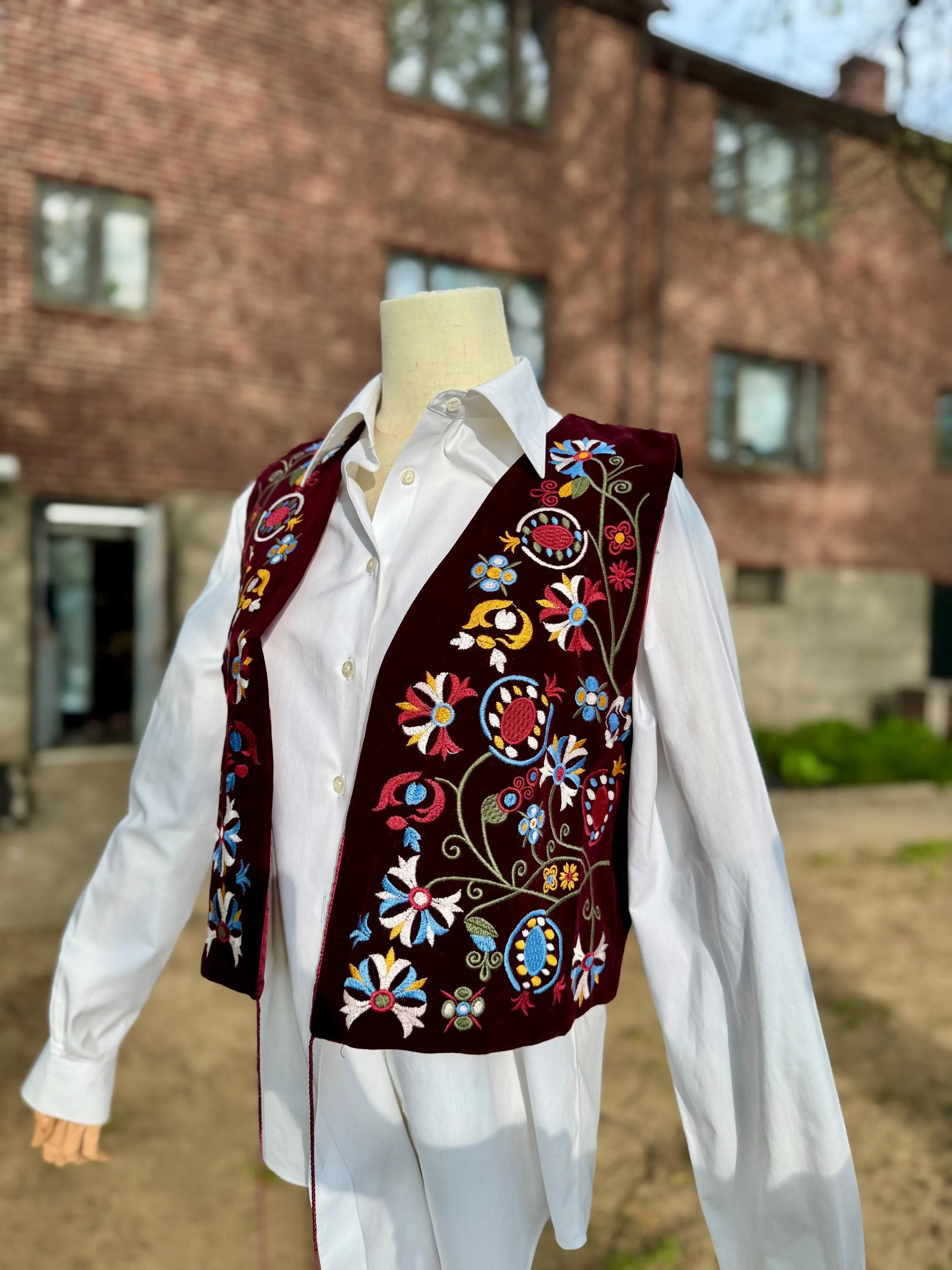 Burgundy Velvet Vest | Floral Embroidered Boho Folk Waistcoat, Red Satin Lined - image 5