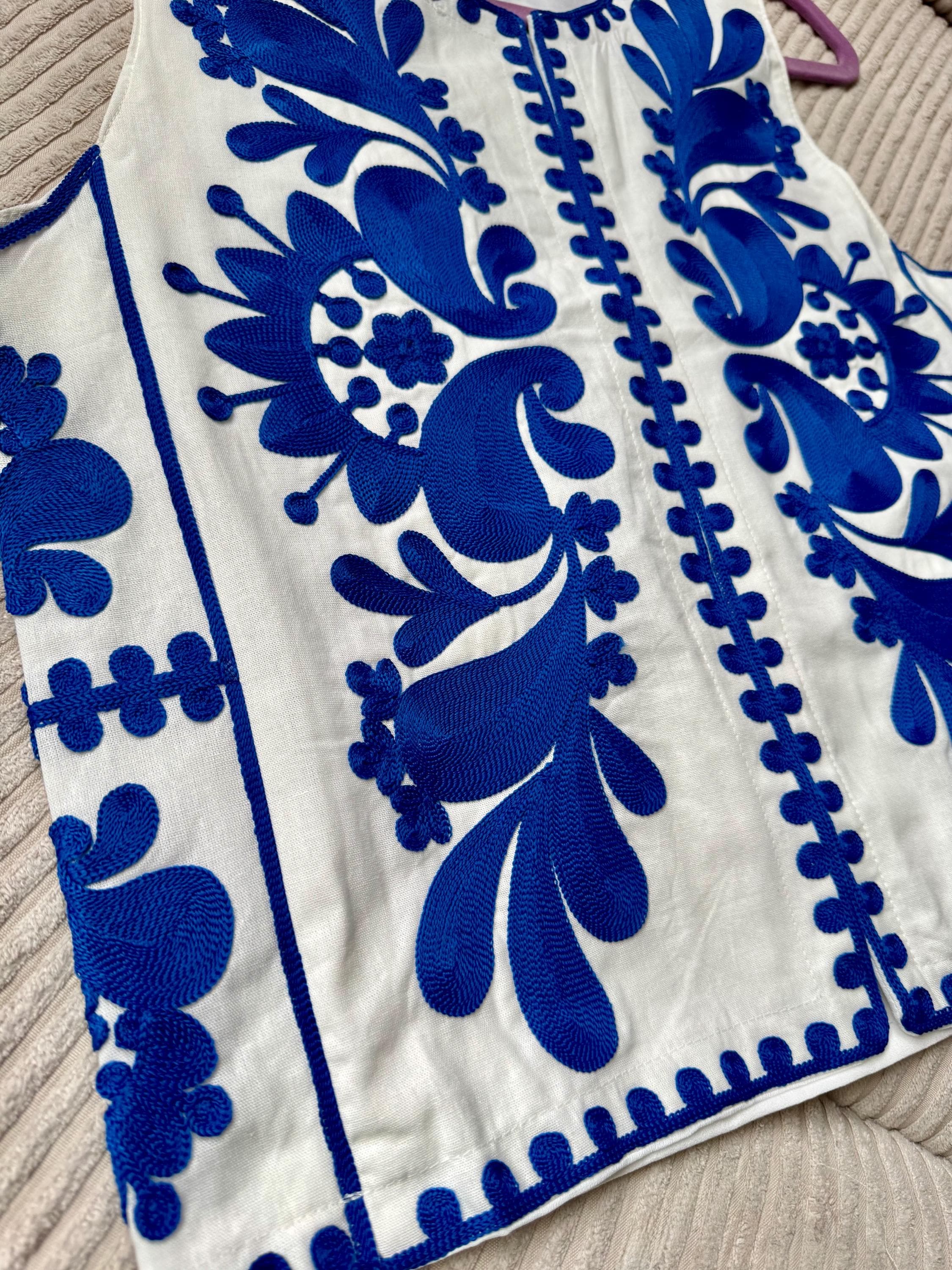 White Blue Floral Embroidered Vest | Folk Paisley Cotton Waistcoat (S M L) - image 5