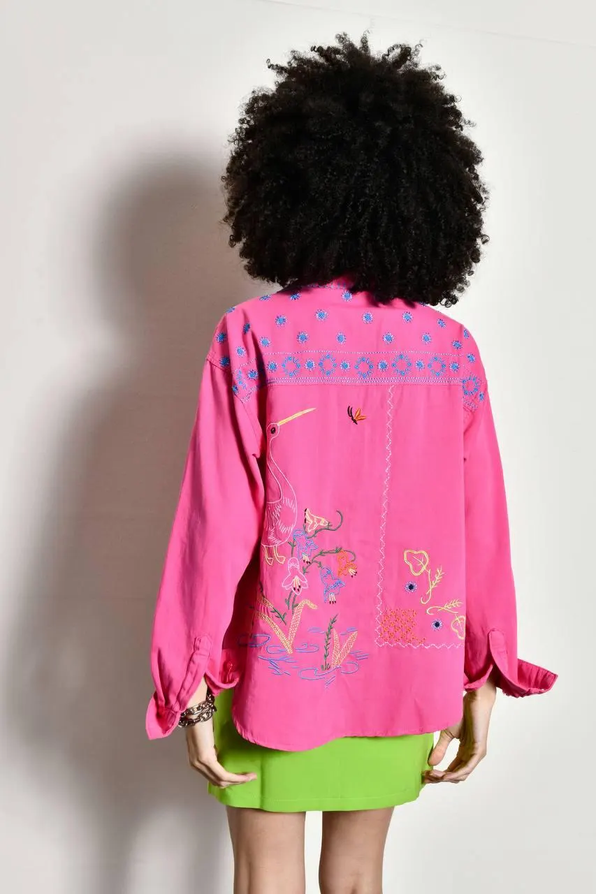 Hot Pink Cotton Jacket | Crane, Butterfly, Floral Embroidery | Boho Statement Top - image 5