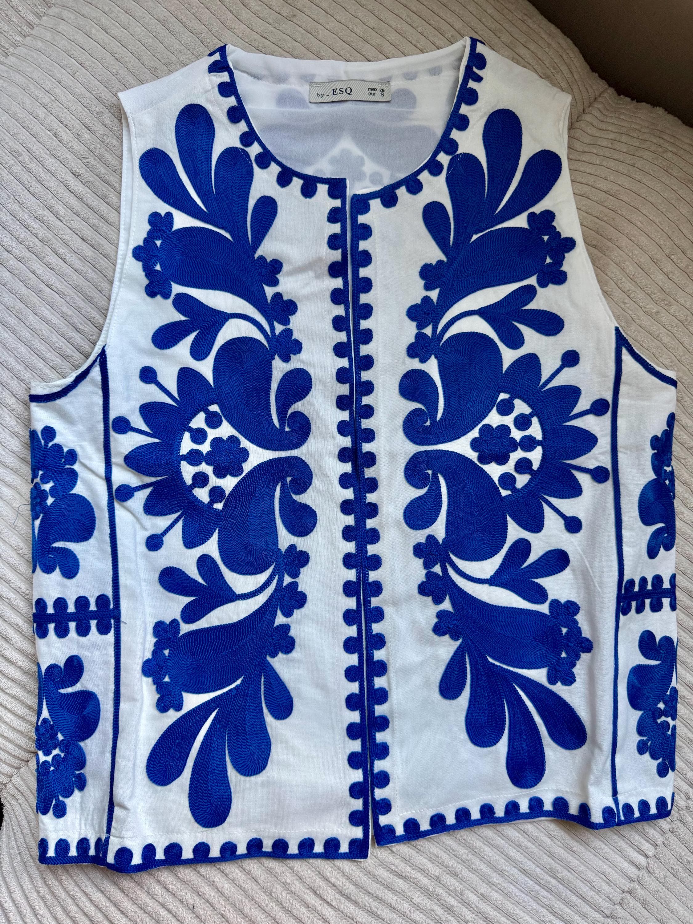 White Blue Floral Embroidered Vest | Folk Paisley Cotton Waistcoat (S M L) - image 2