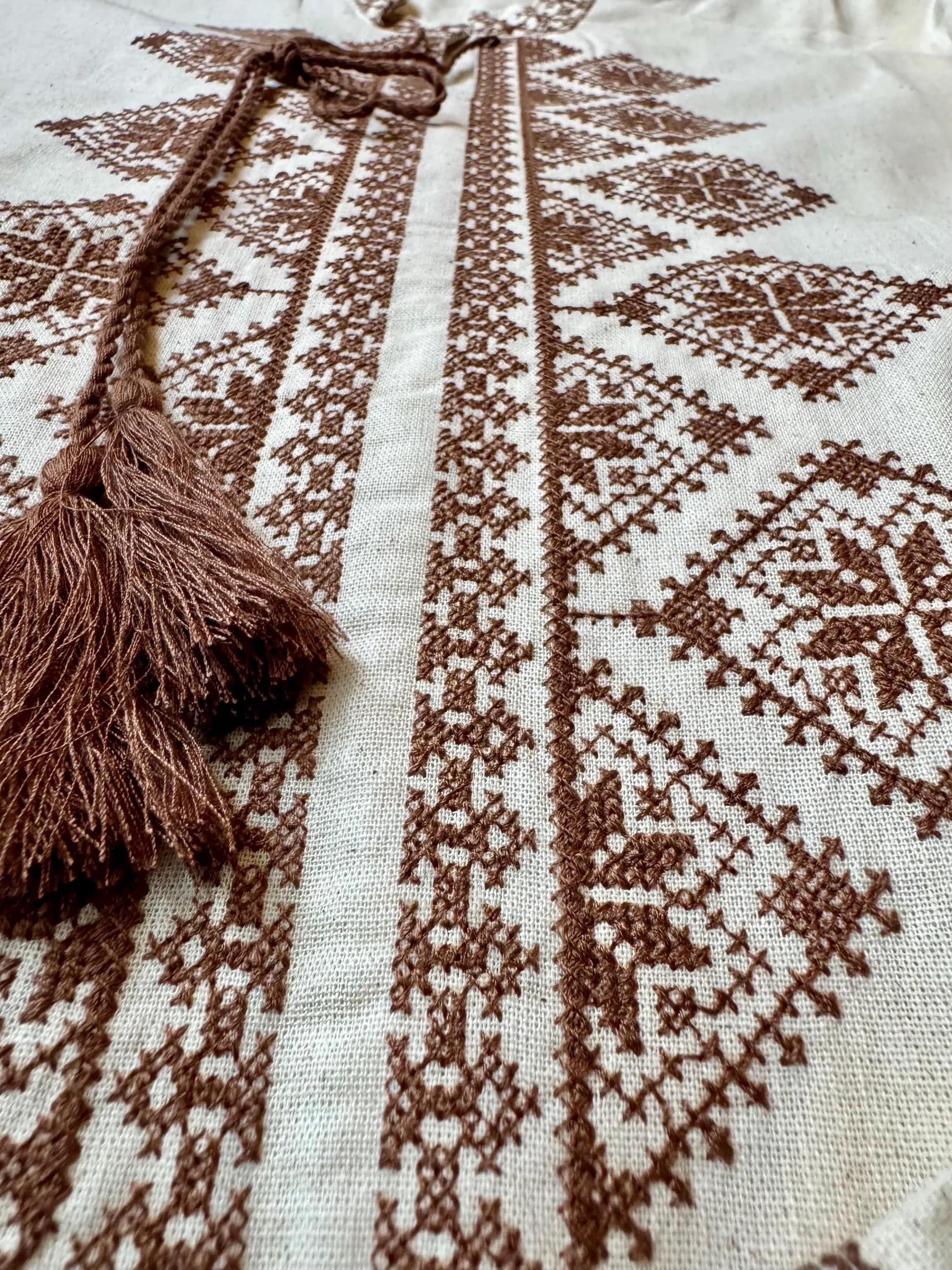 Vyshyvanka Men's Shirt, Cream Cotton, Burgundy Geometric Embroidery, Tie Neck Tunic - image 2