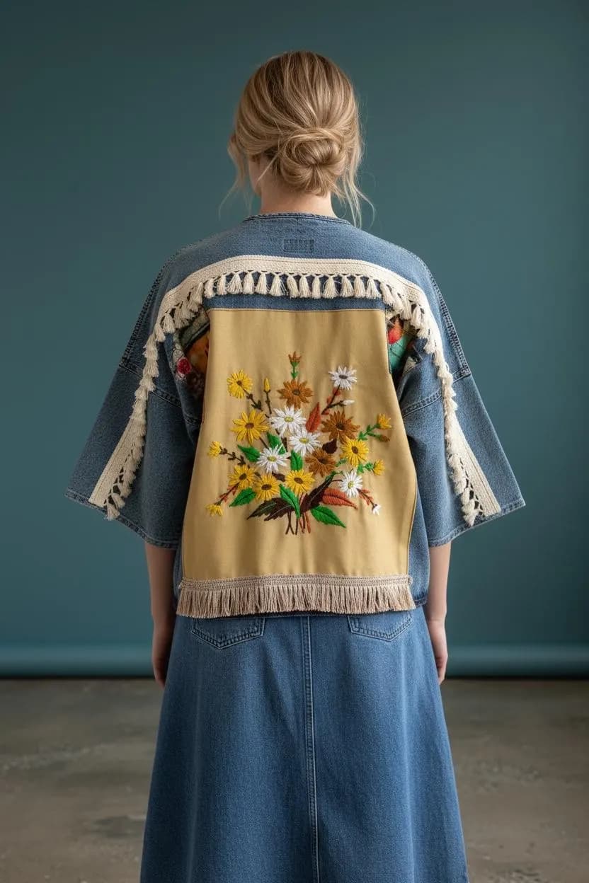 Upcycled Denim Kimono Jacket | Mustard Floral Embroidery, Cream Fringe, Boho Wearable Art
