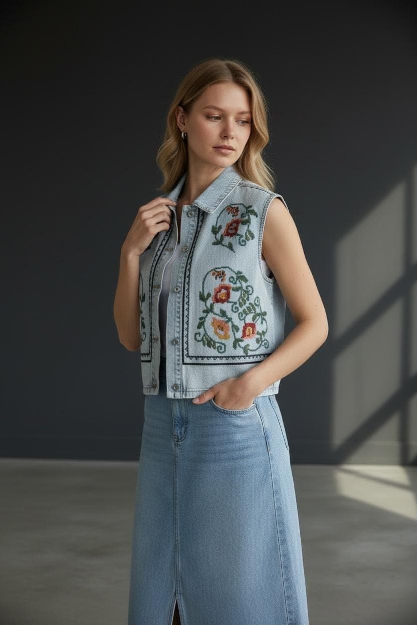 Embroidered Denim Vest | Floral Cross Stitch Boho Waistcoat | Light Wash Cotton Cottagecore - image 2