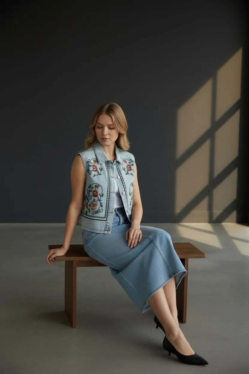 Embroidered Denim Vest | Floral Cross Stitch Boho Waistcoat | Light Wash Cotton Cottagecore - image 4
