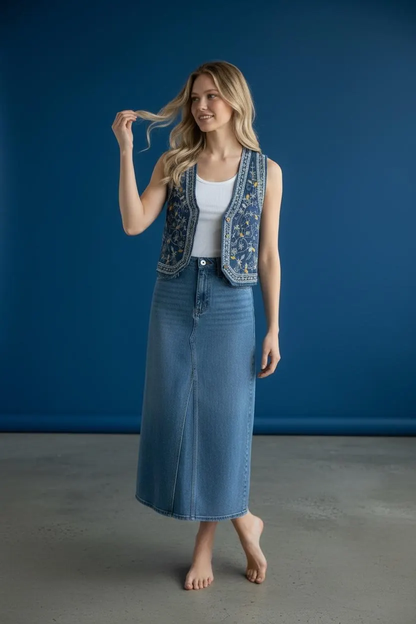 Navy Blue Embroidered Vest | Yellow Gold Floral Star Folk Waistcoat | Boho Cottagecore Statement Layering - image 3