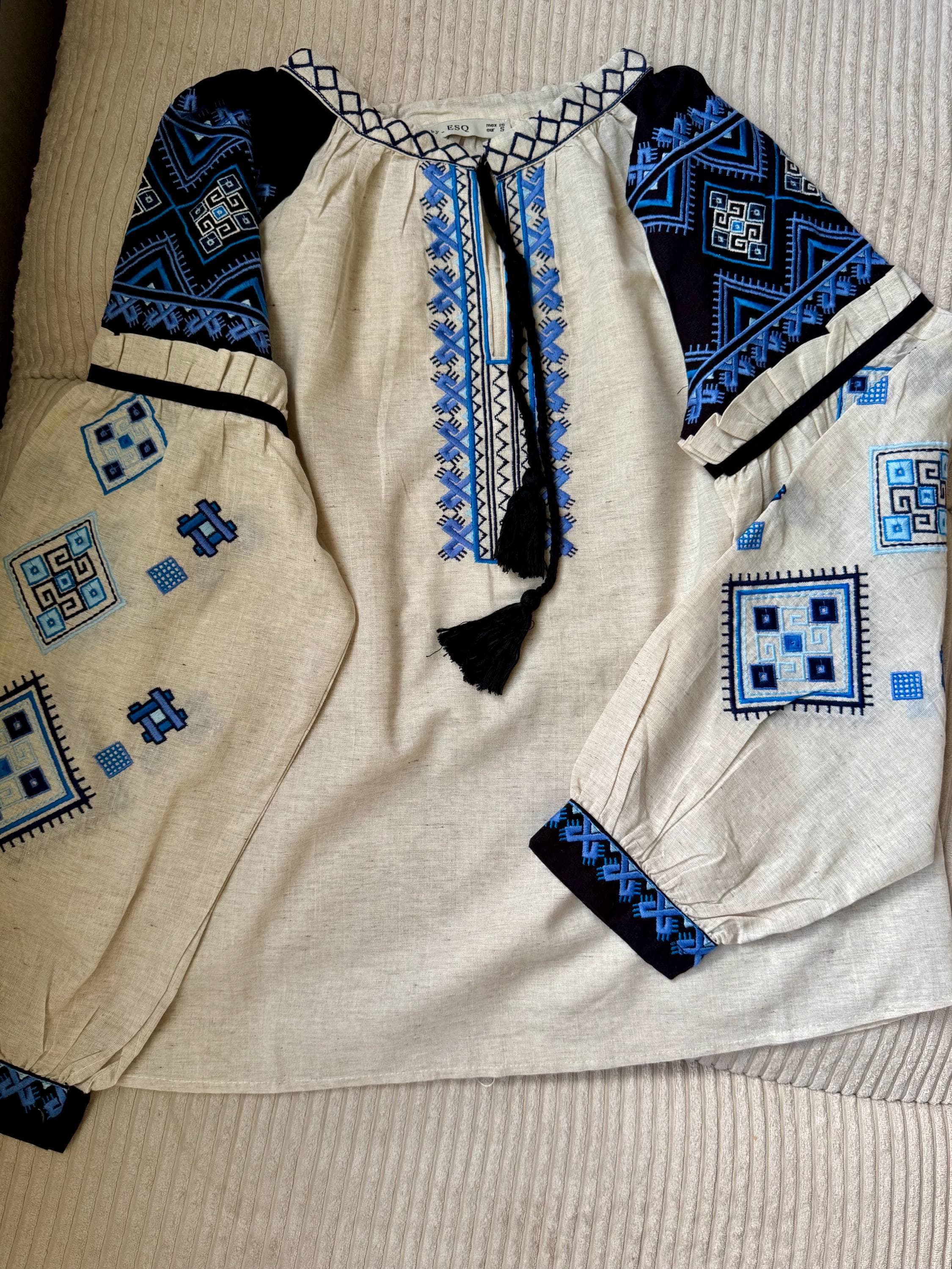 Ukrainian Vyshyvanka Blouse | Blue Geometric Folk Shirt | Tassel Tie Cottagecore Top | Boho Gift for Her | Embroidered Blouse S M L - image 4