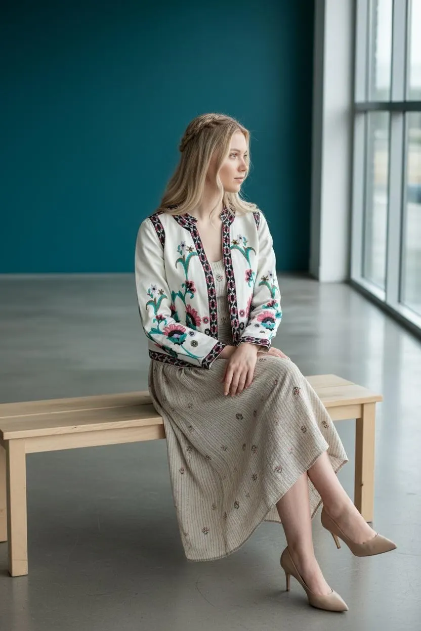 White Floral Embroidery Jacket | Folk Boho Open Front Coat, Turkish Artisan Statement - image 4