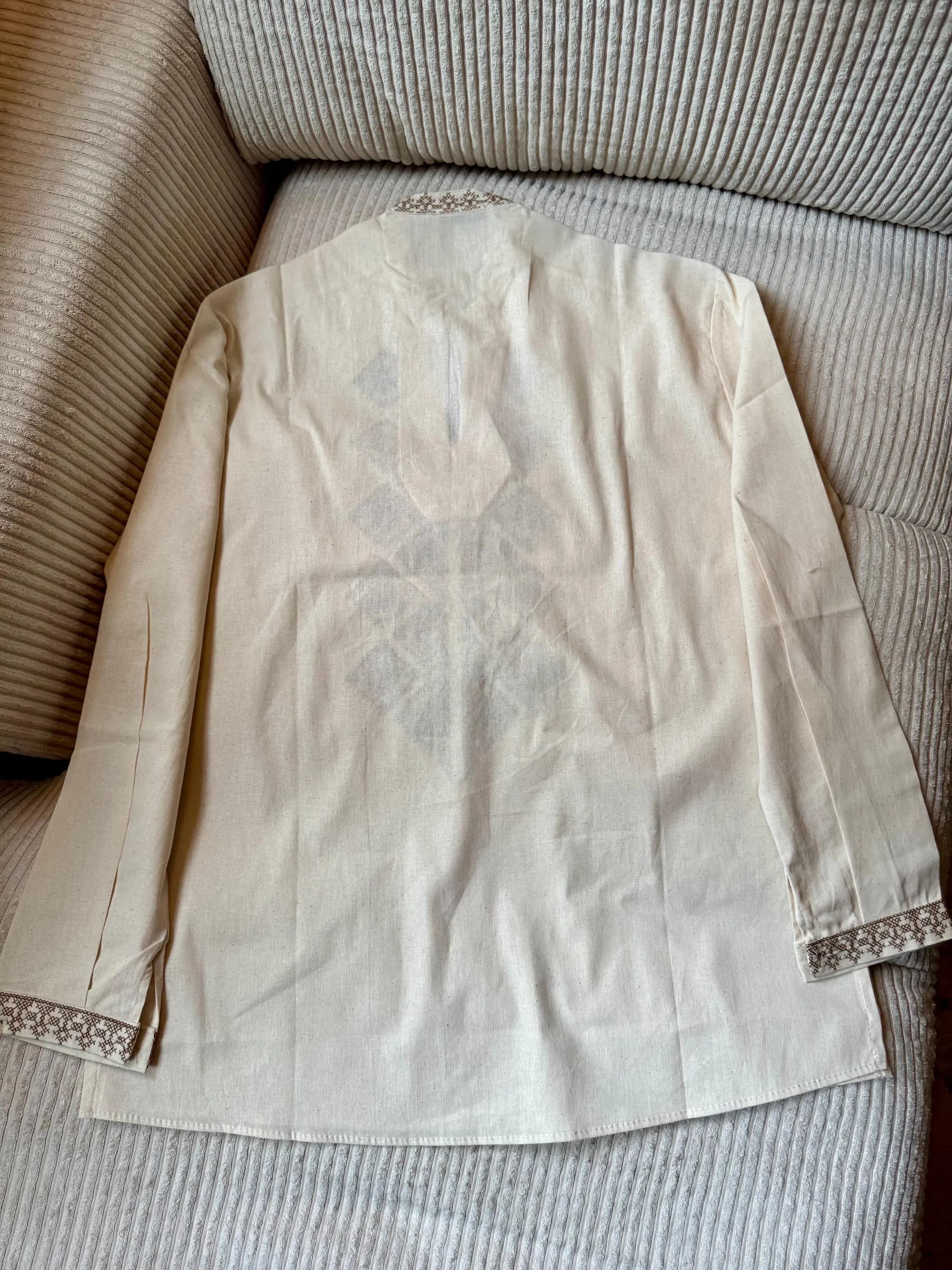 Vyshyvanka Men's Shirt, Cream Cotton, Burgundy Geometric Embroidery, Tie Neck Tunic - image 3