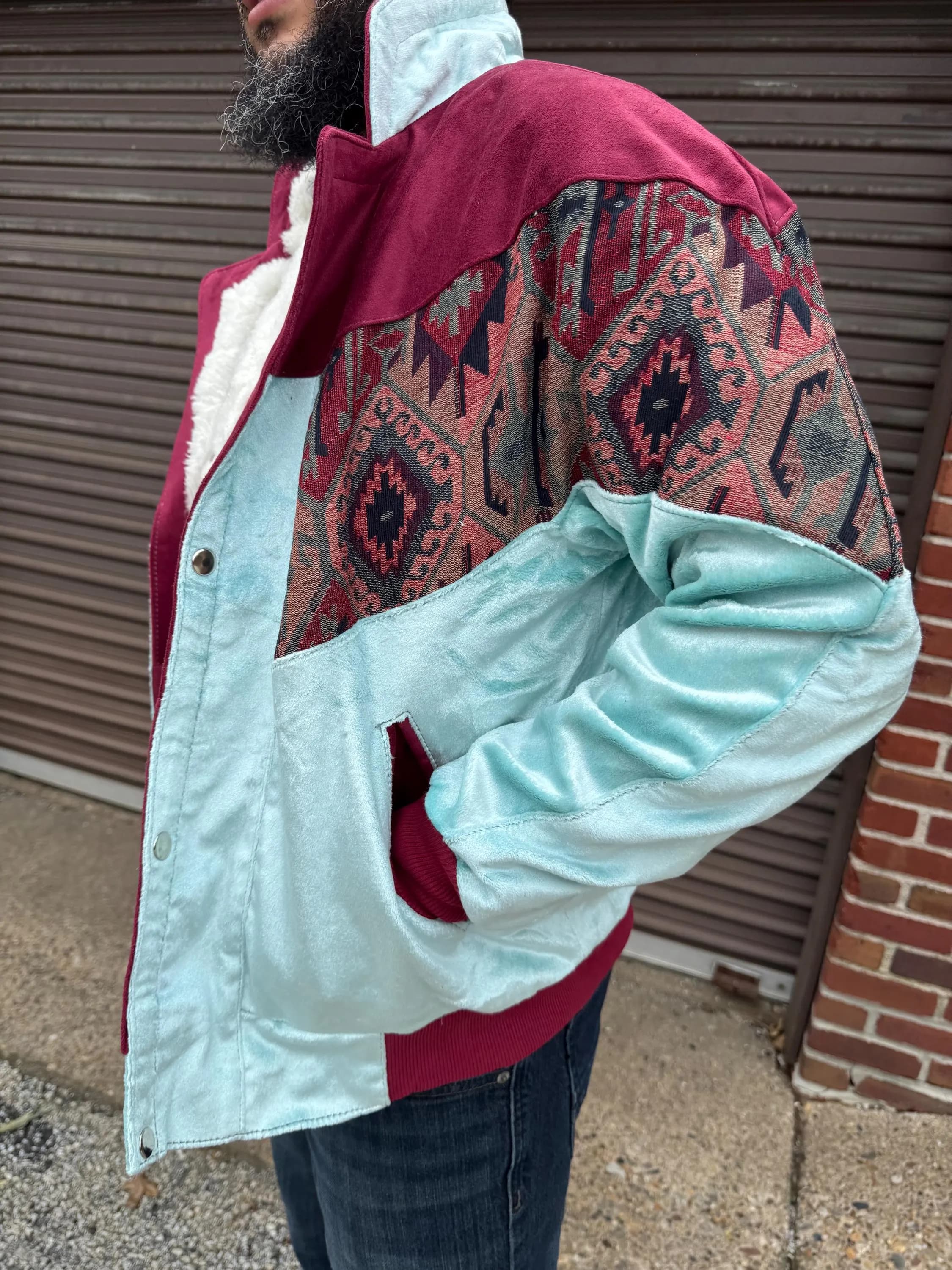 Handmade Mint Green Velvet Bomber Jacket, Kilim Tapestry, Sherpa Collar, Folk Style - image 5