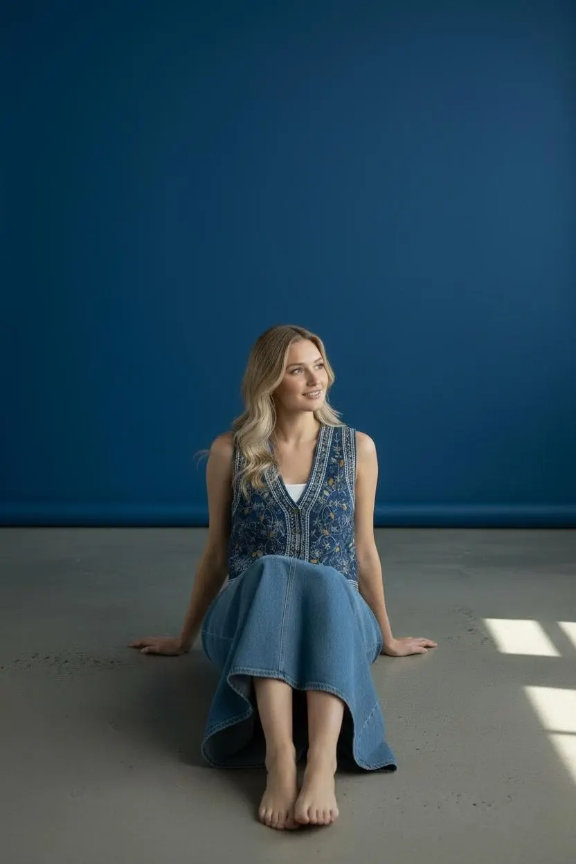 Navy Blue Embroidered Vest | Yellow Gold Floral Star Folk Waistcoat | Boho Cottagecore Statement Layering - image 5