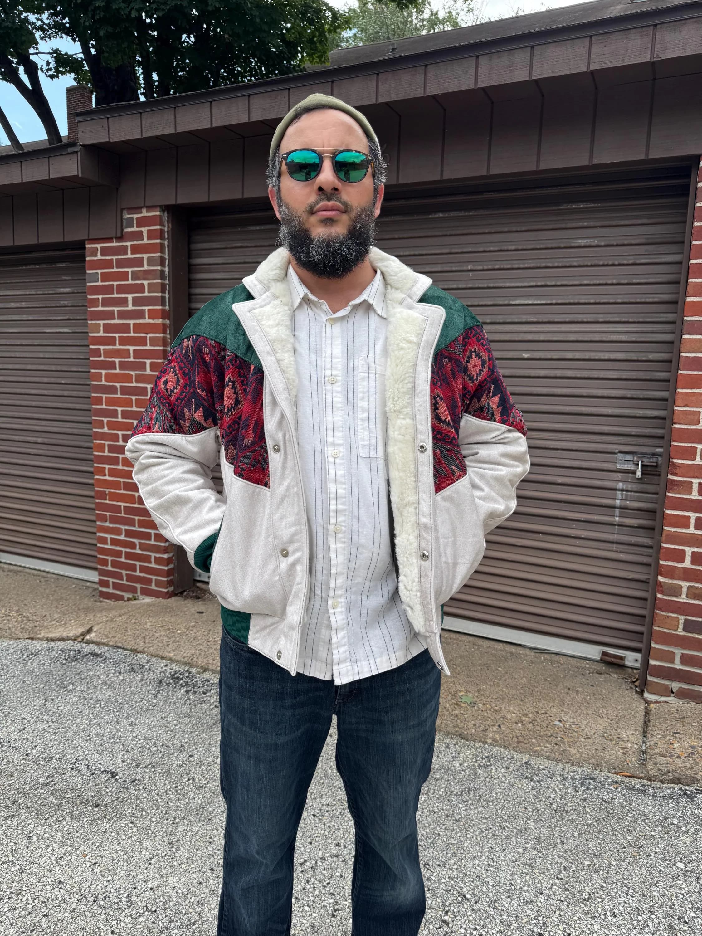 Handmade Kilim Bomber Jacket, Off-White Emerald Green Velvet, Men's Size M - image 3