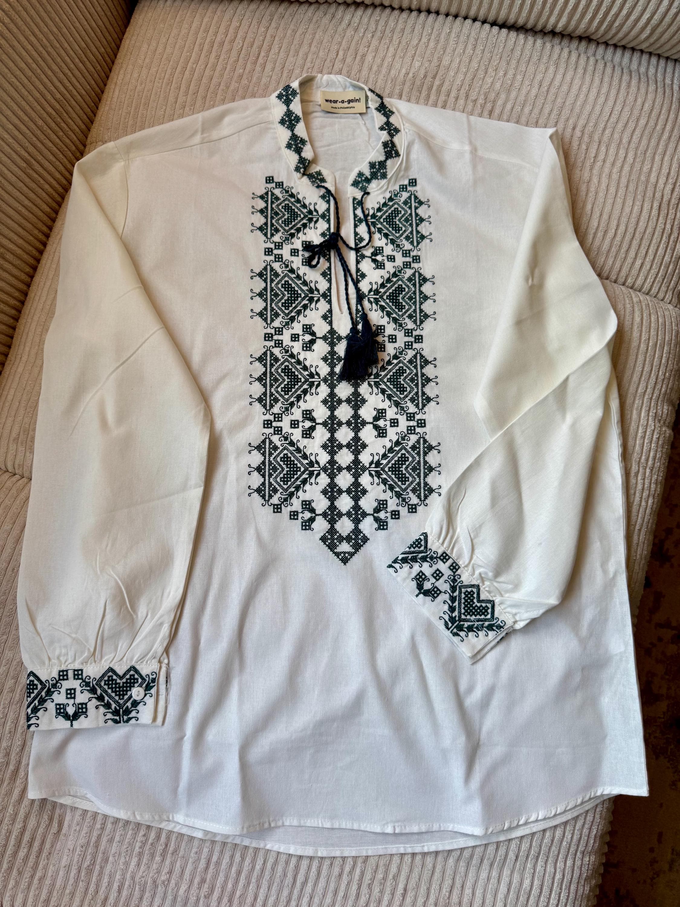Men's Vyshyvanka Shirt, White Cotton, Dark Green Cross-Stitch Embroidery, Tassel Tie V-Neck - image 5