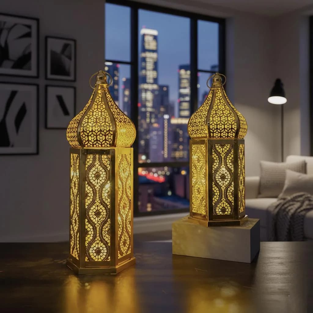 Moroccan Golden Lantern Ramadan Iron Decor — Elegant Hollow Design for Eid and Home Celebrations