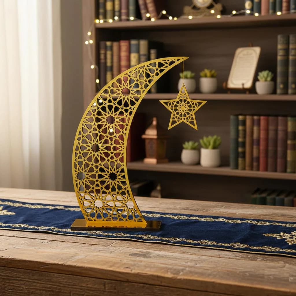 Golden Moon and Star Ramadan Decor – Wooden Acrylic Eid Mubarak Ornament, Islamic Home Decoration