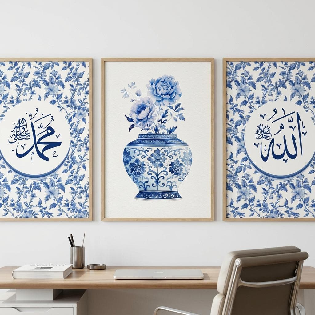 Set of 3 Islamic Canvas Prints, Blue-and-White Porcelain Style Calligraphy Art - image 2